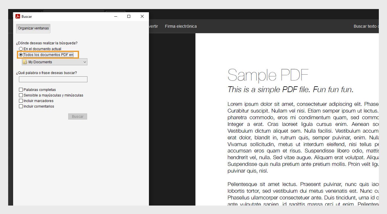 La ventana de búsqueda muestra dos opciones de búsqueda: En el documento actual para buscar dentro del archivo abierto y Todos los documentos PDF en, que permite a los usuarios examinar y seleccionar una ubicación específica para una búsqueda más amplia.