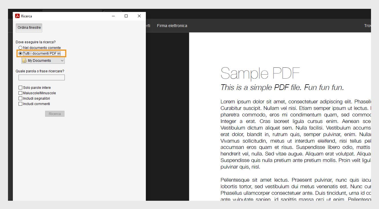 La finestra di ricerca mostra due opzioni: Nel documento corrente per cercare all’interno del file aperto e Tutti i documenti PDF in, che consente agli utenti di sfogliare e selezionare una posizione specifica per una ricerca più ampia.