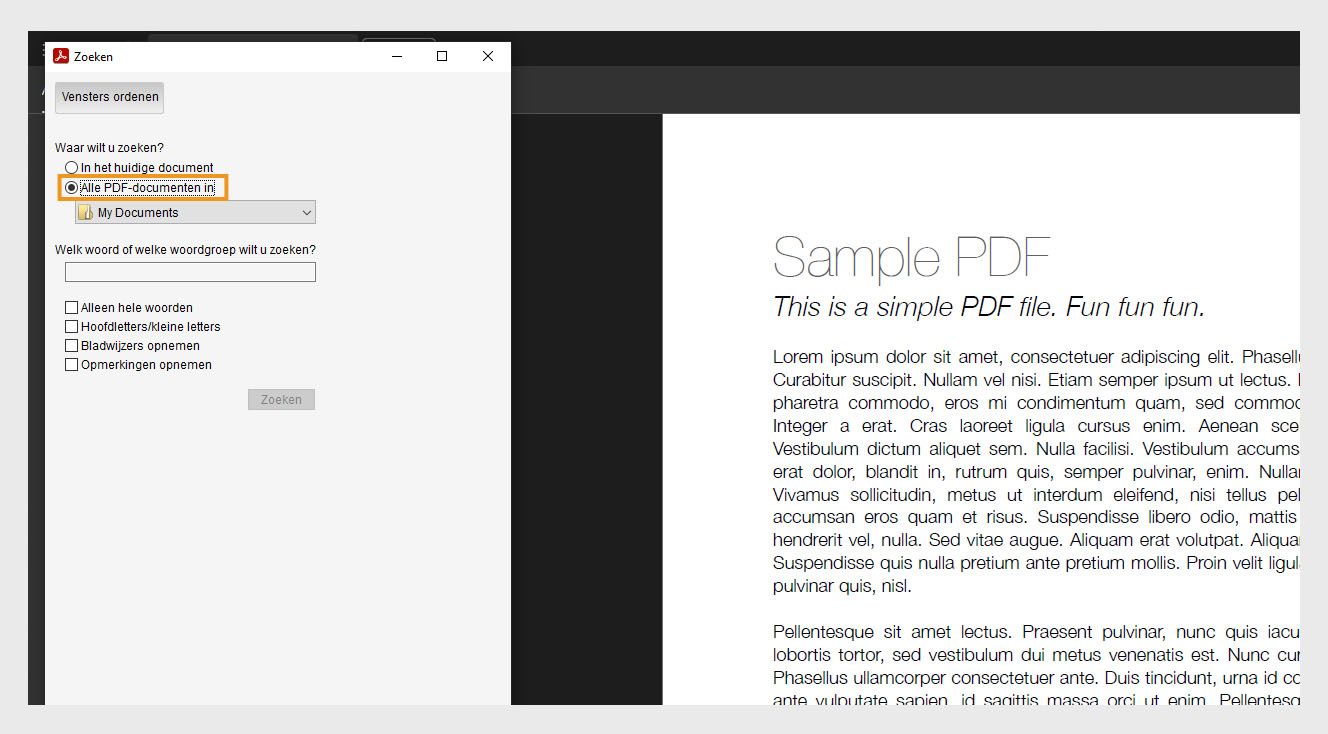 In het venster Zoeken worden twee zoekopties weergegeven: In het huidige document voor het zoeken binnen het geopende bestand en Alle PDF-documenten, waarmee gebruikers kunnen bladeren en een specifieke locatie kunnen selecteren voor een bredere zoekopdracht.