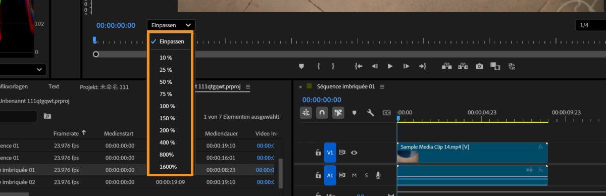 Das Menü „Zoomfaktor auswählen“ zeigt verschiedene Zoom-Optionen zur Auswahl an.