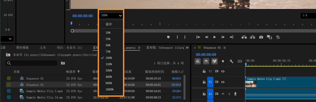 “选择缩放级别”菜单显示各种可供选择的缩放选项。
