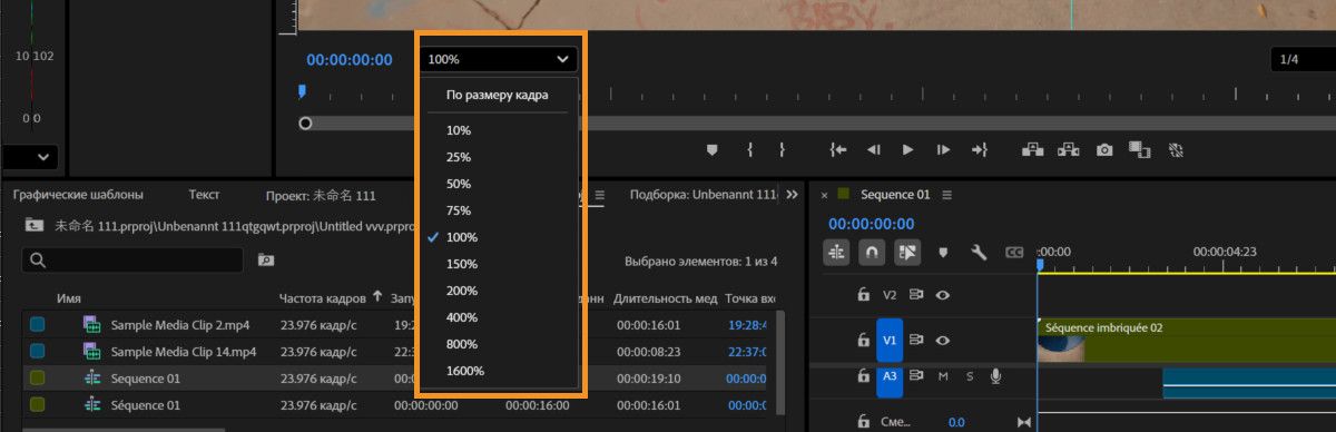 Меню «Выбрать масштаб» отображает различные параметры увеличения на выбор.
