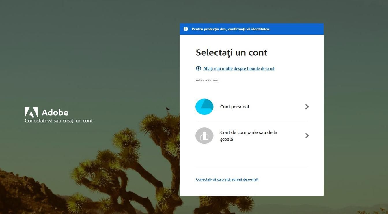 Pagina Selectați un cont, care se afișează după ce introduceți adresa de e-mail, oferă opțiunea de a selecta contul la care doriți să vă conectați.