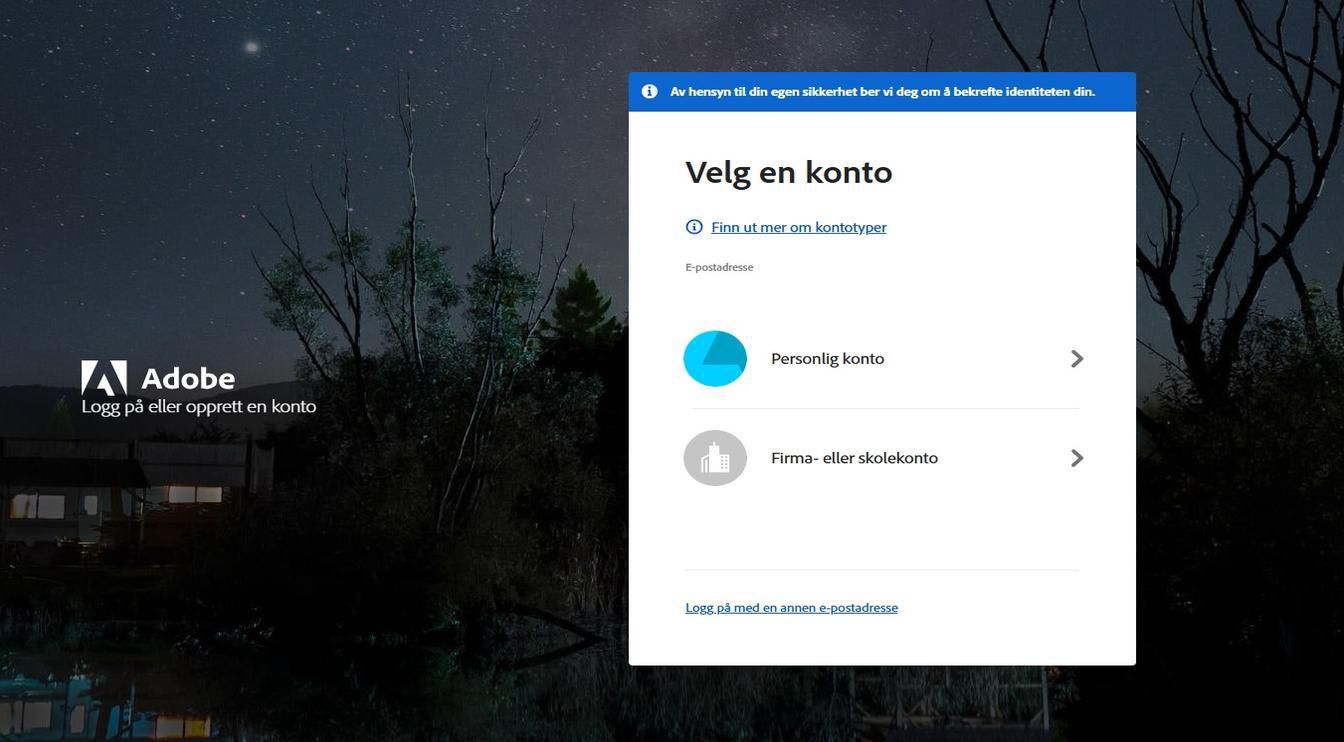 Siden Velg en konto, som vises etter at du har skrevet inn e-postadressen din, gir deg muligheten til å velge kontoen du vil logge på. 