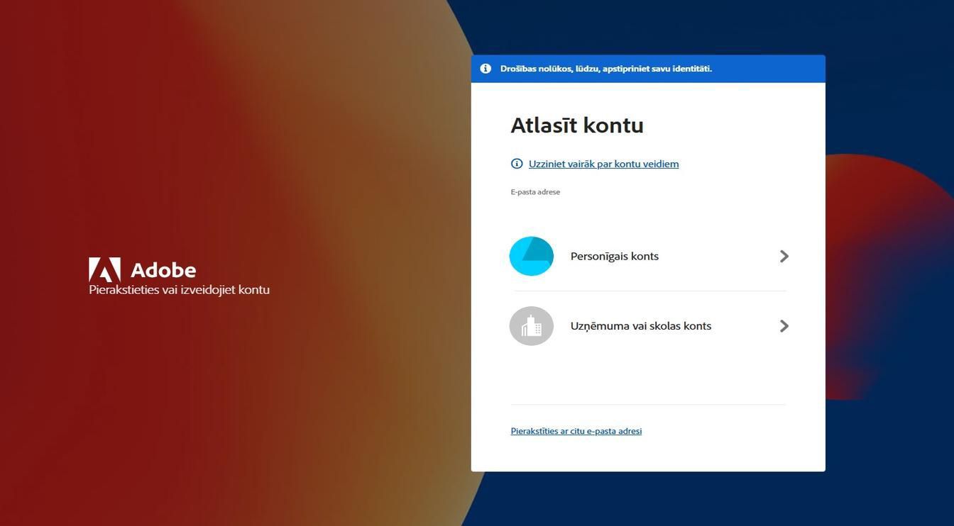 Lapa Atlasīt kontu, kas tiek parādīta pēc e-pasta adreses ievadīšanas, nodrošina iespēju atlasīt kontu, kurā vēlaties pierakstīties.