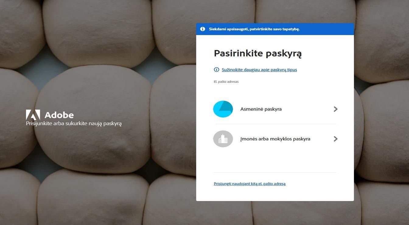 Puslapis „Pasirinkti paskyrą“, kuris rodomas įvedus el. pašto adresą, suteikia galimybę pasirinkti paskyrą, prie kurios norite prisijungti.
