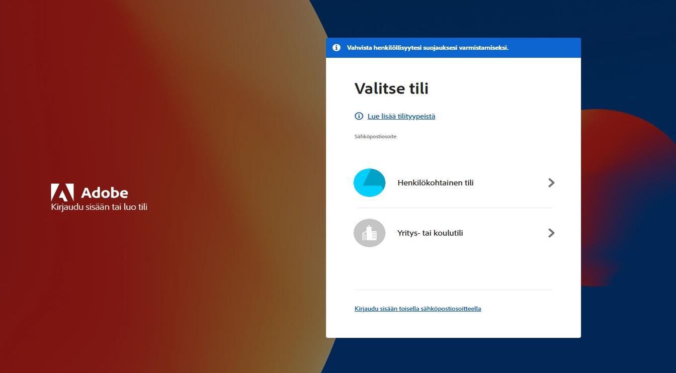 Valitse tili -sivu, joka näkyy sähköpostiosoitteen syöttämisen jälkeen, tarjoaa mahdollisuuden valita tilin, jolle haluat kirjautua. 