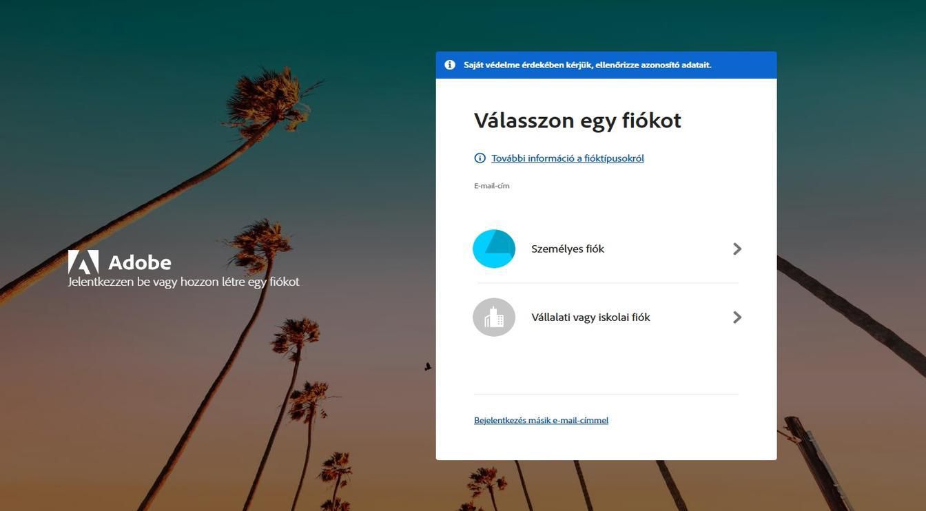 A fiók kiválasztása oldal, amely az e-mail-cím megadása után jelenik meg, lehetőséget biztosít arra, hogy kiválassza azt a fiókot, amelybe be szeretne jelentkezni.