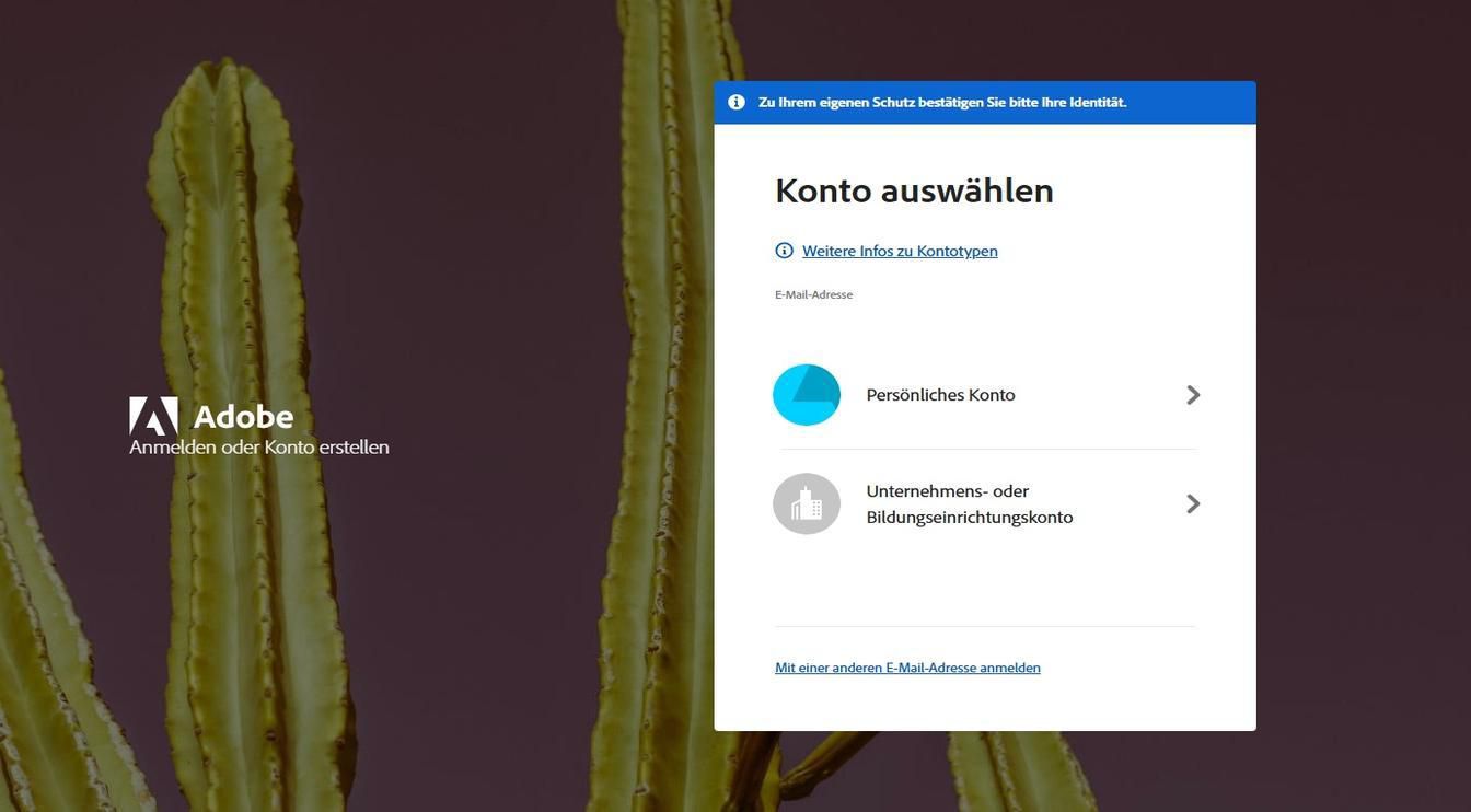 Die Seite „Konto auswählen“, die angezeigt wird, nachdem du deine E-Mail-Adresse eingegeben hast, bietet die Option, das Konto auszuwählen, bei dem du dich anmelden möchtest. 