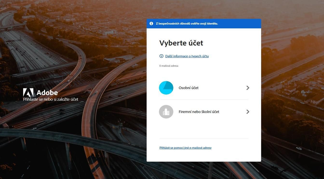 Stránka Vybrat účet, která se zobrazí po zadání e-mailové adresy, poskytuje možnost vybrat účet, ke kterému se chcete přihlásit.