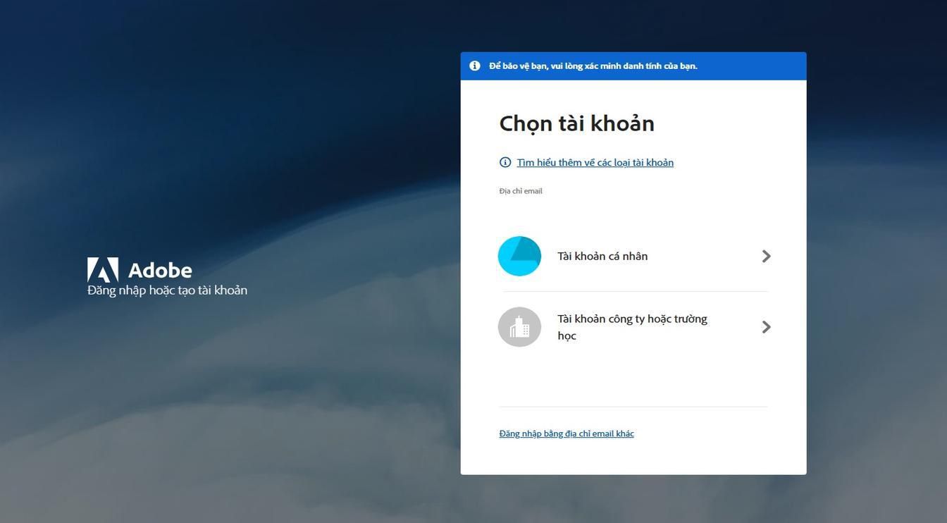 Trang Chọn một tài khoản, hiển thị sau khi bạn nhập địa chỉ email, cung cấp tùy chọn để chọn tài khoản mà bạn muốn đăng nhập. 