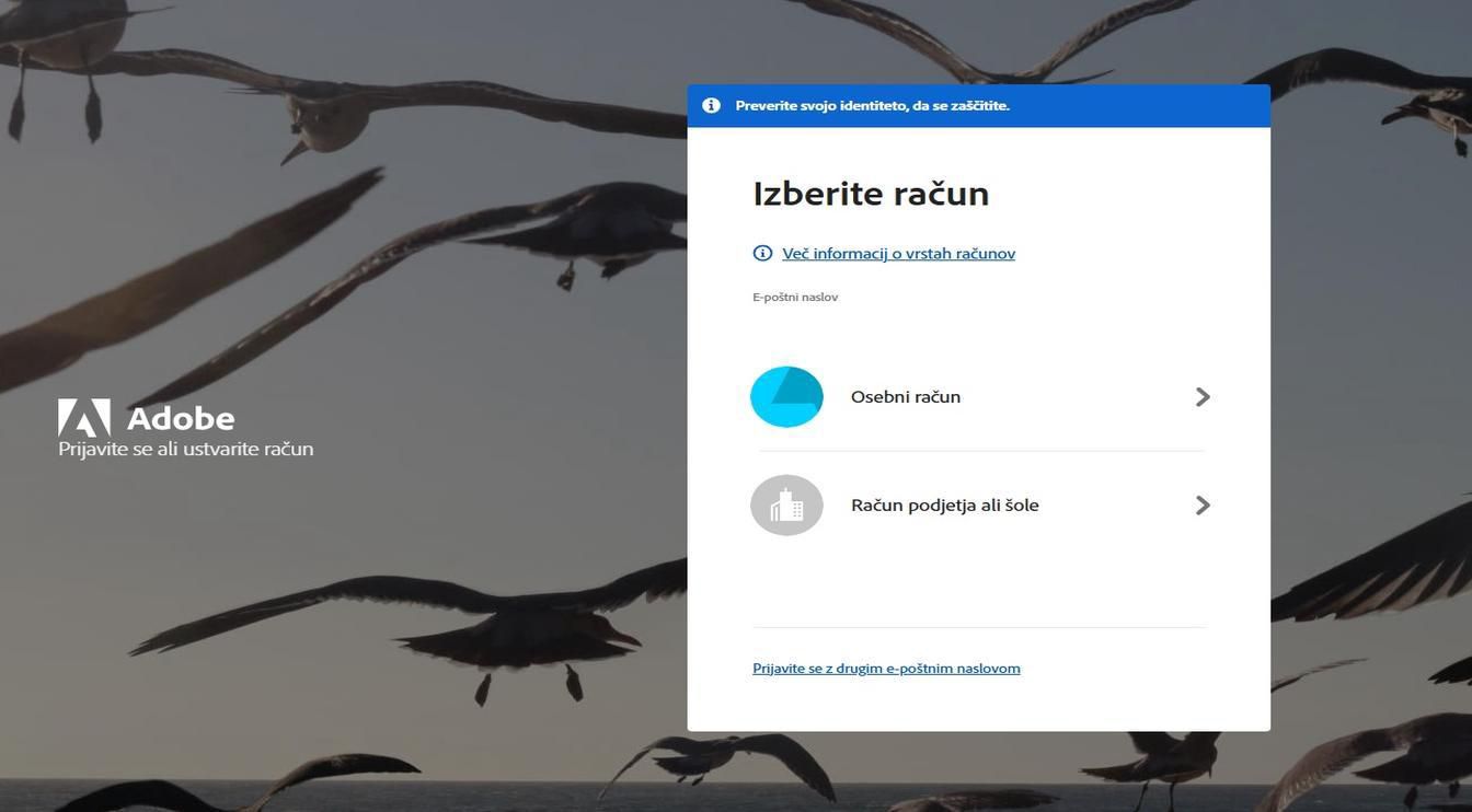 Stran »Izberite račun«, ki se prikaže, ko vnesete svoj e-poštni naslov, omogoča izbiro računa, v katerega se želite prijaviti. 