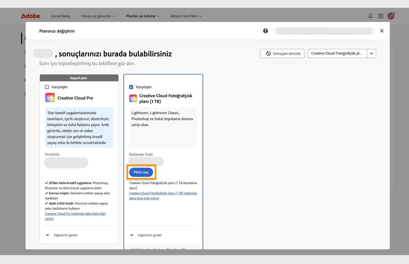 Plan kartlarının altında bulunan Planı seç düğmesi, mevcut planınızdan geçiş yapmak üzere yeni bir plan seçmenize olanak tanır. 