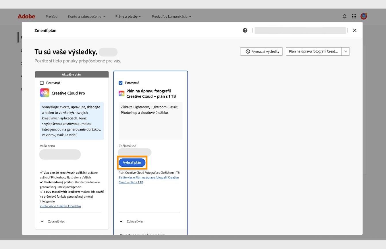 Tlačidlo Vybrať plán, dostupné pod kartami plánu, vám umožňuje vybrať nový plán, na ktorý chcete prejsť zo svojho aktuálneho plánu. 