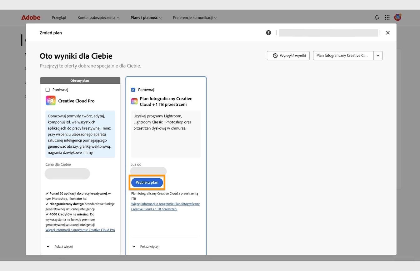 Przycisk Wybierz plan, dostępny pod kartami planów, umożliwia wybranie nowego planu, na który można przejść z obecnego planu.