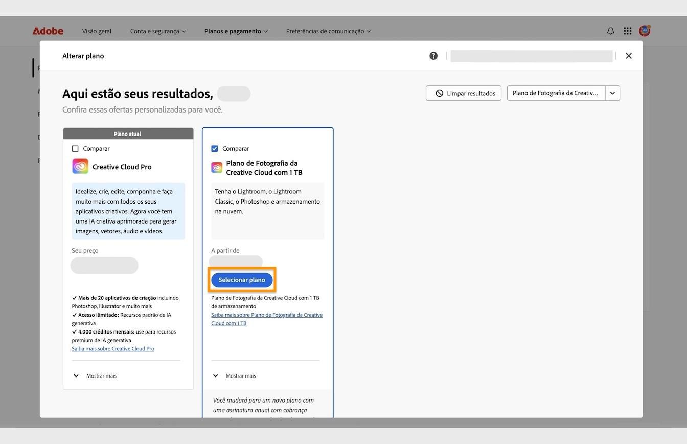O botão Selecionar plano, disponível sob os cartões de plano, permite selecionar um novo plano para substituir seu plano atual.