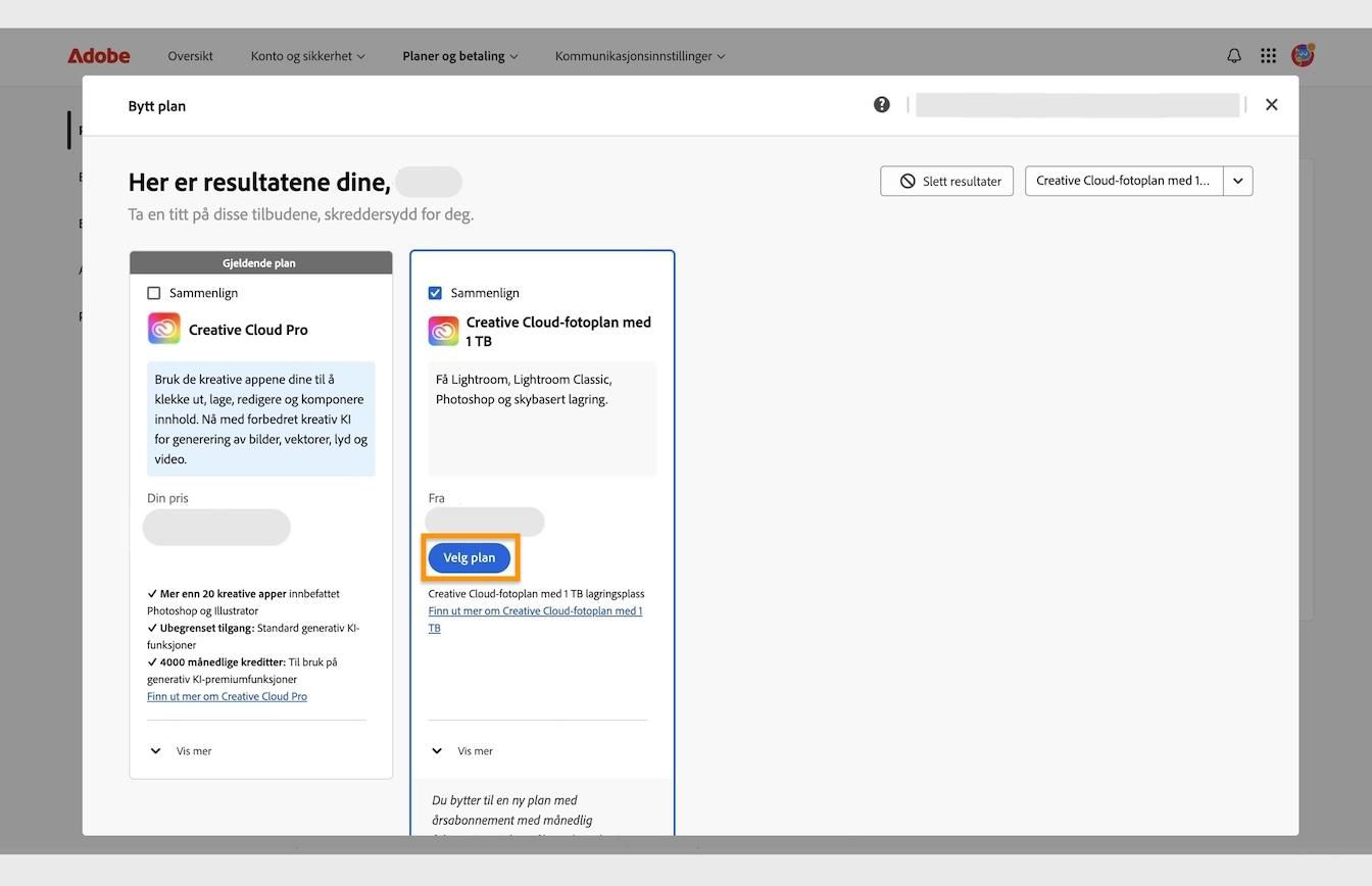 Velg Plan-knappen, som er tilgjengelig under plankortene, lar deg velge en ny plan å bytte til fra din nåværende plan. 