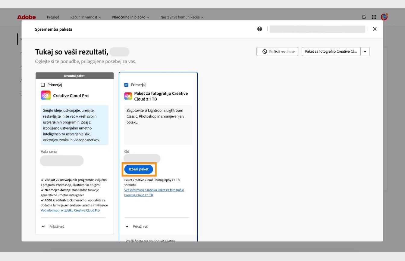 Gumb »Izberi paket«, ki je na voljo pod karticami paketov, vam omogoča izbiro novega paketa za preklop s trenutnega paketa. 