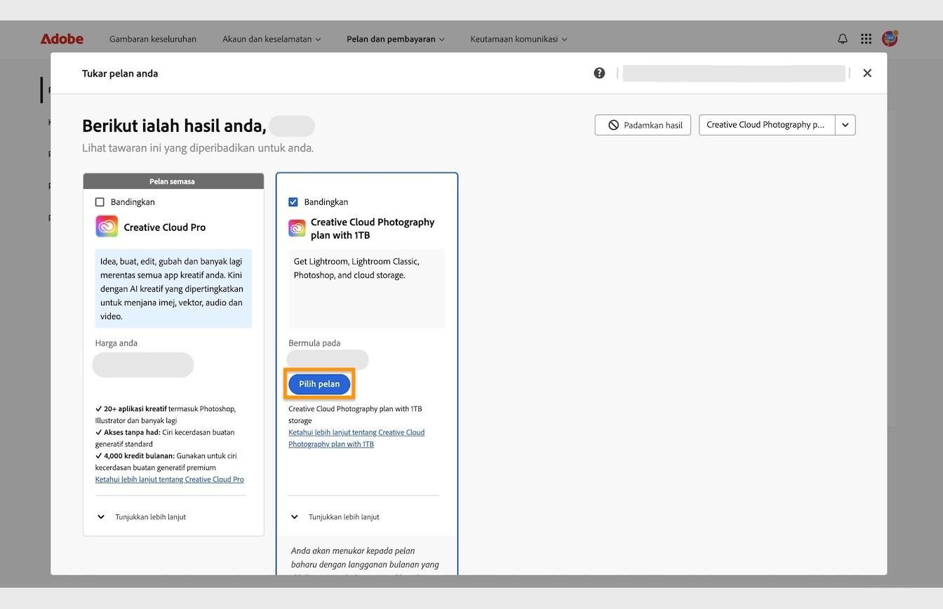 Butang Pilih pelan, tersedia di bawah kad pelan, membolehkan anda beralih kepada pelan baru daripada pelan semasa anda. 