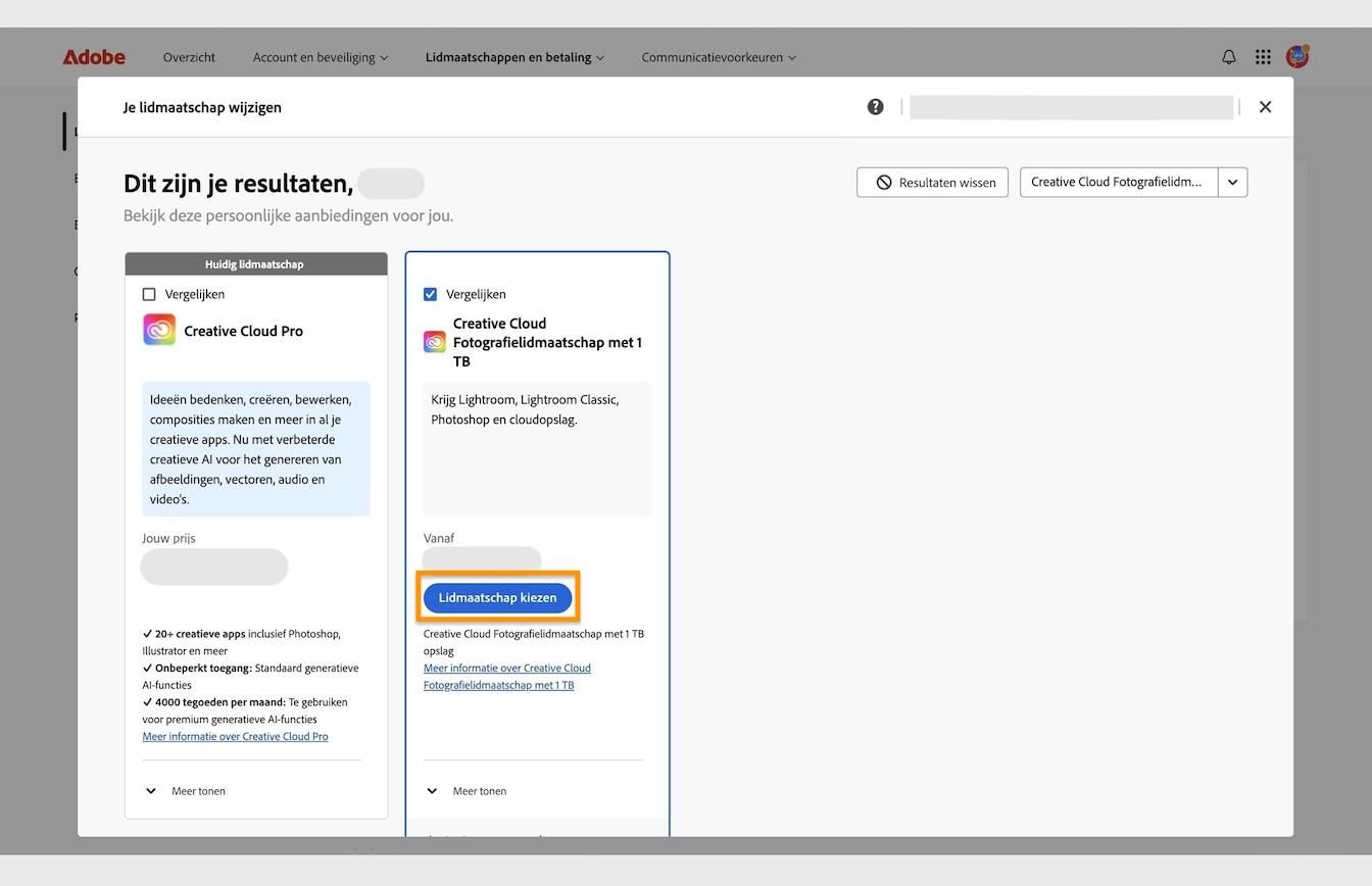 De knop Lidmaatschap selecteren, beschikbaar onder de lidmaatschapskaarten, stelt je in staat om een nieuw lidmaatschap te selecteren om over te schakelen vanaf je huidige lidmaatschap.