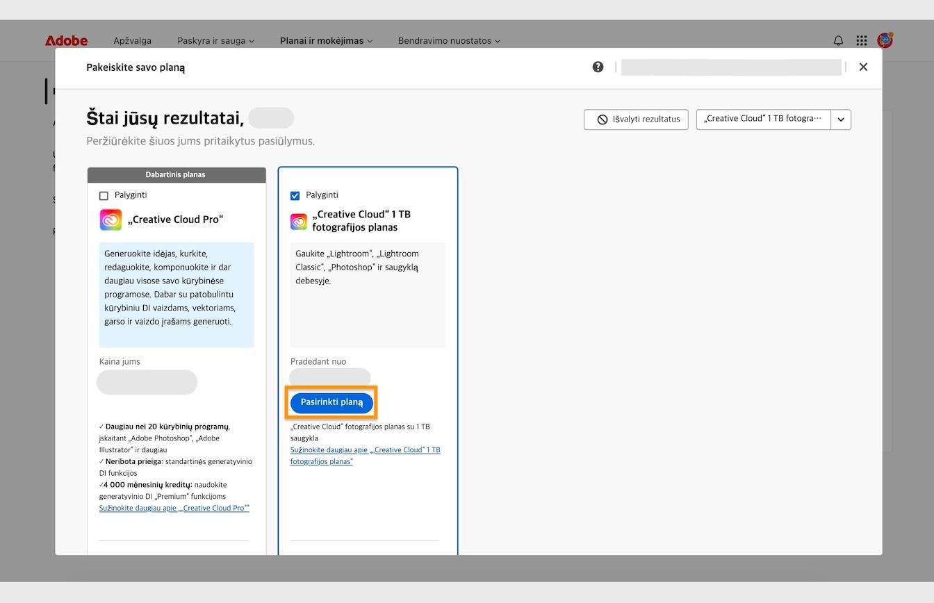 Mygtukas „Pasirinkti planą“, esantis planų kortelėse, leidžia pasirinkti naują planą, kuriuo galima pakeisti turimą planą.