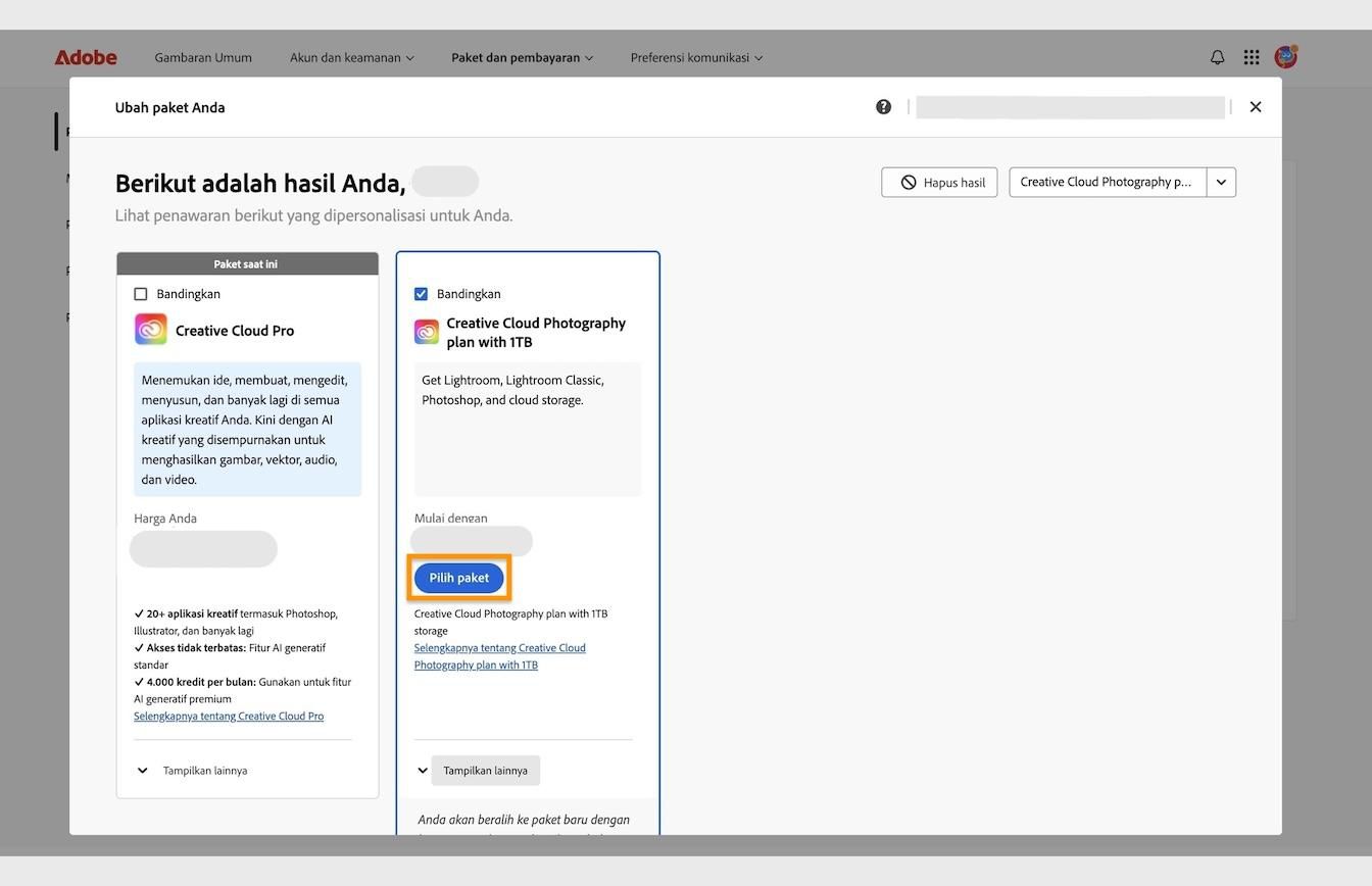 Tombol Pilih paket, tersedia di bawah kartu paket, memungkinkan Anda untuk memilih paket baru untuk beralih dari paket saat ini.