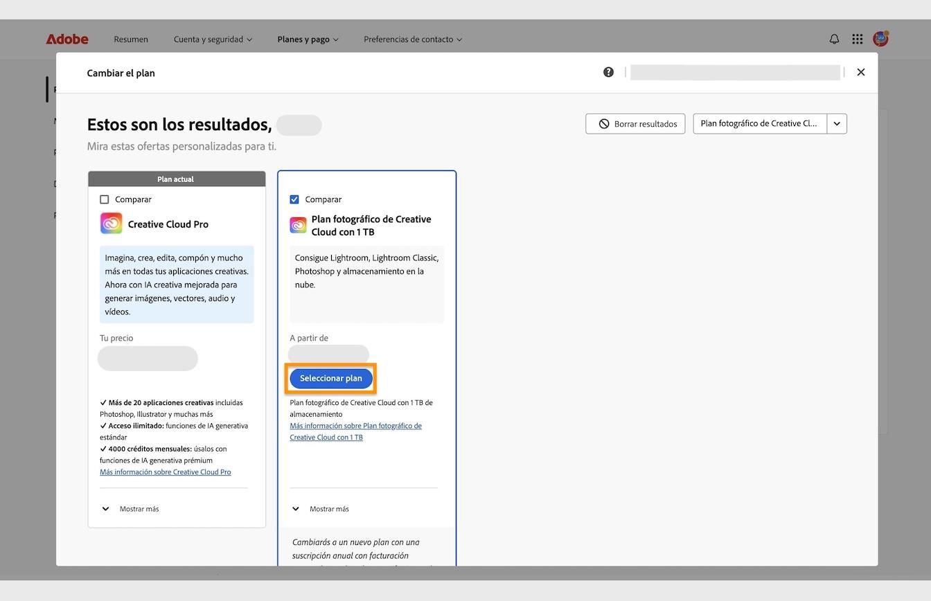 El botón Seleccionar plan, disponible bajo las tarjetas de plan, le permite seleccionar un nuevo plan al que cambiar desde su plan actual. 