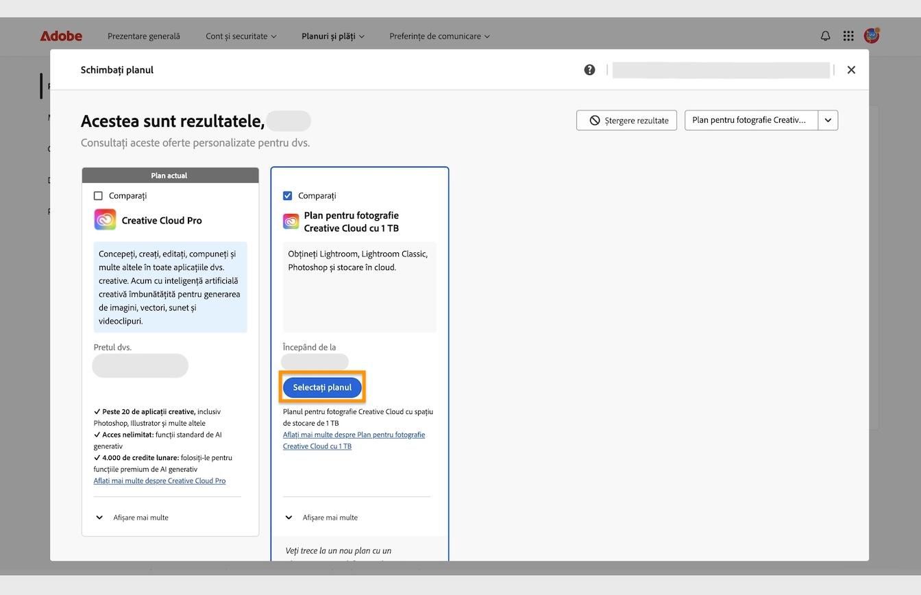 Butonul Selectare plan, disponibil sub cardurile de plan, vă permite să selectați un plan nou la care să comutați de la planul actual.