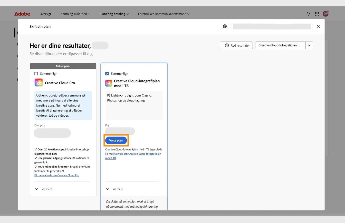 Knappen Vælg Plan, der er tilgængelig under plankortene, giver dig mulighed for at vælge en ny plan at skifte til fra din nuværende plan.