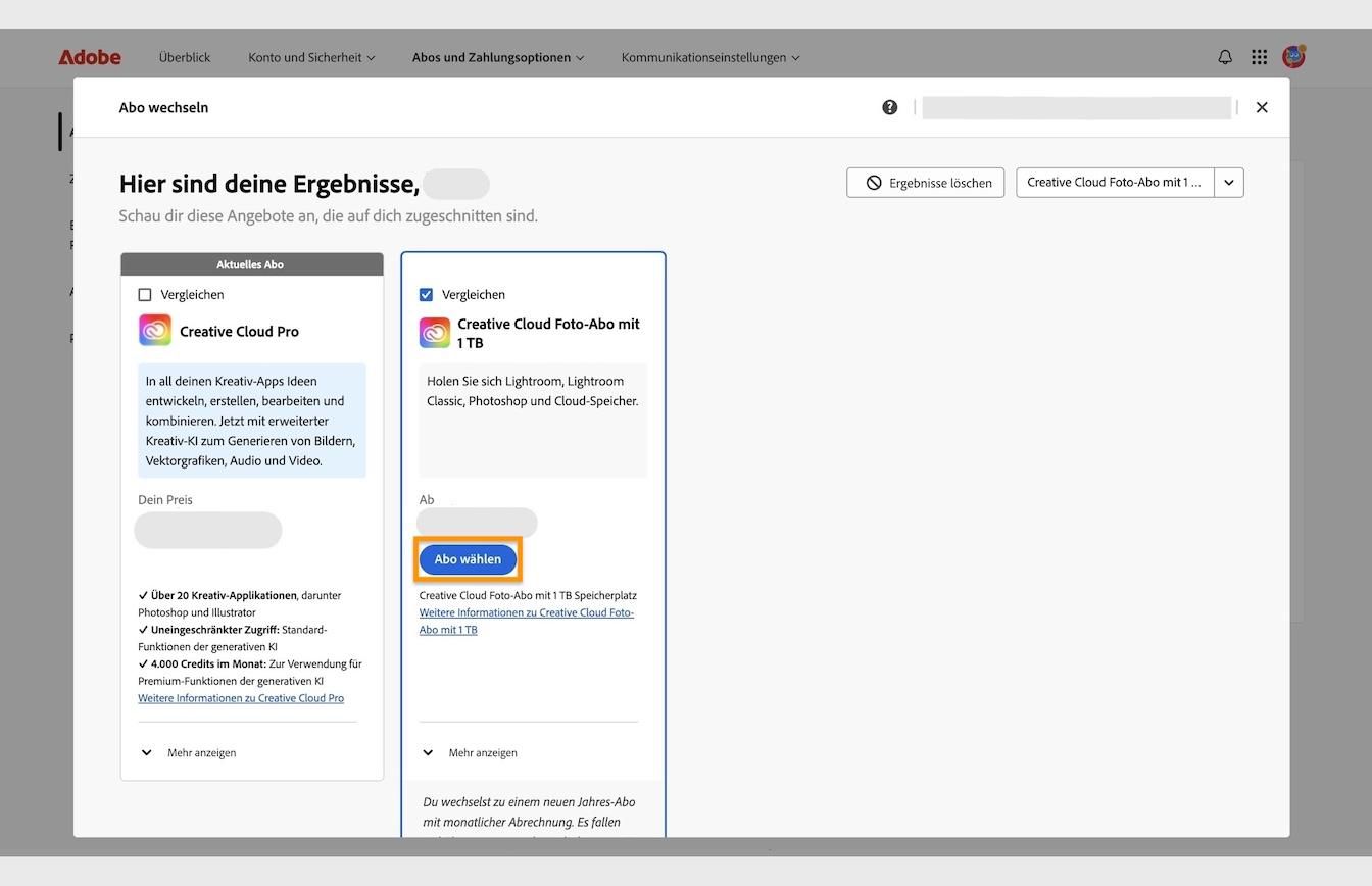 Die Schaltfläche „Abo-Option auswählen“, der unter den Abo-Karten verfügbar ist, ermöglicht es dir, eine neue Abo-Option auszuwählen, zu der du von deiner aktuellen Abo-Option wechseln kannst. 
