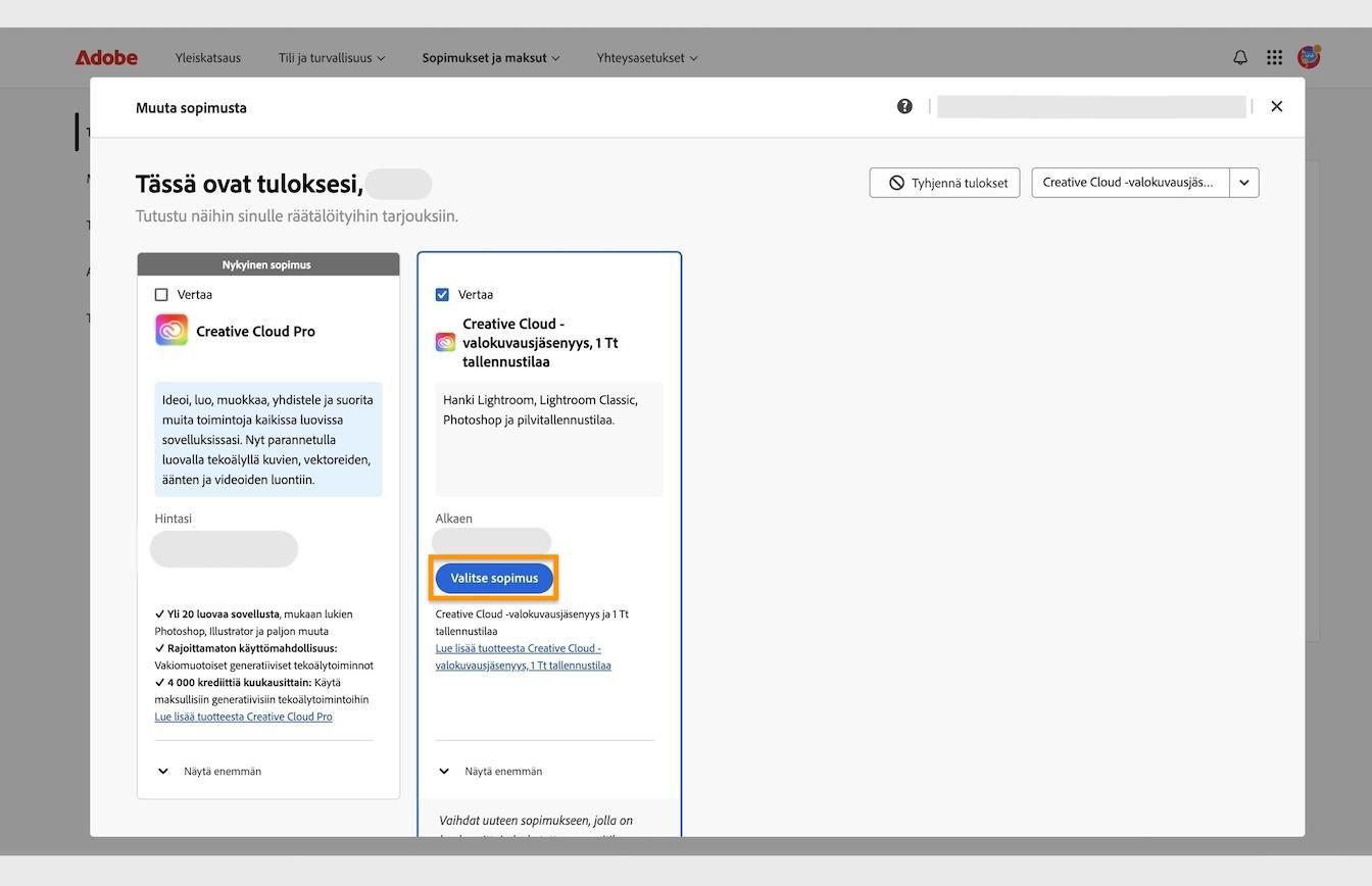 Valitse sopimus -painike, joka näkyy sopimuskorttien alla, mahdollistaa uuden sopimuksen valitsemisen ja vaihtamisen siihen nykyisestä sopimuksestasi. 