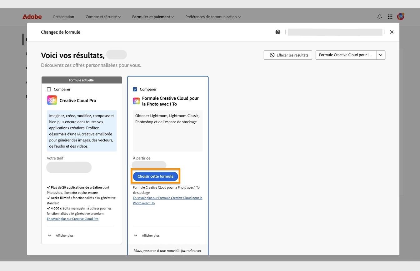 Le bouton Sélectionner la formule, disponible sous les cartes de formule, vous permet de sélectionner une nouvelle formule vers laquelle basculer depuis votre formule actuelle. 