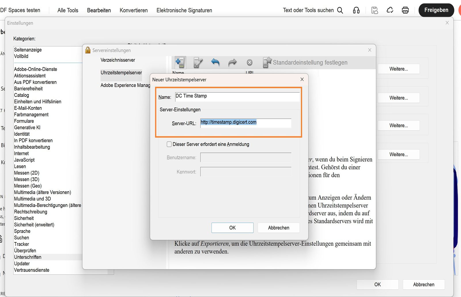 Das Fenster „Servereinstellungen“ in Acrobat zeigt Felder zum Eingeben des Namens und der URL eines Zeitstempel-Servers sowie eine Option zum Aktivieren von Anmeldedaten.