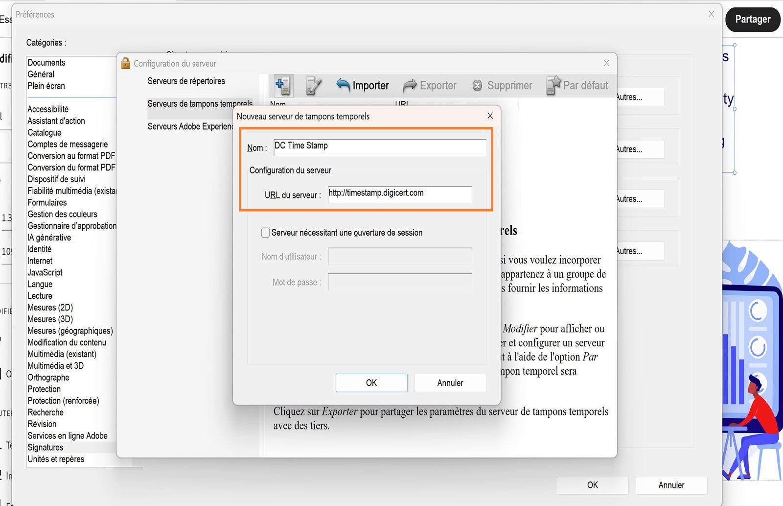 La fenêtre Configuration du serveur dans Acrobat présente des champs qui permettent de saisir le nom et l’URL d’un serveur de tampons temporels, avec une option pour activer les informations d’identification.