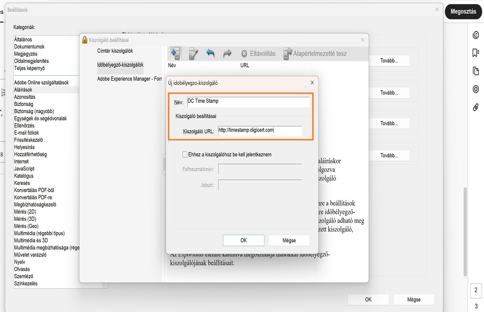 Az Acrobat Kiszolgálóbeállítások ablaka mezőket biztosít az időbélyegző-kiszolgáló nevének és URL-címének megadásához, valamint lehetőséget kínál a bejelentkezési hitelesítő adatok engedélyezésére.