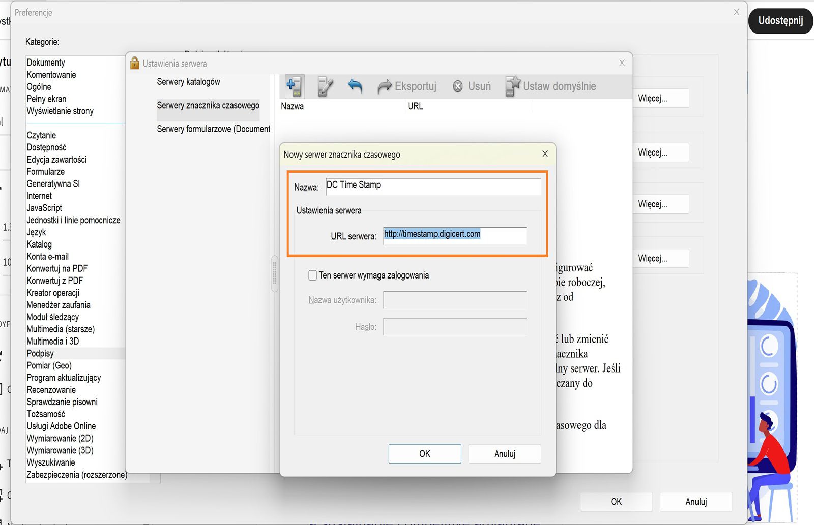 Okno Ustawienia serwera w programie Acrobat zawiera pola do wprowadzenia nazwy i adresu URL serwera znaczników czasu oraz opcję włączenia danych logowania.