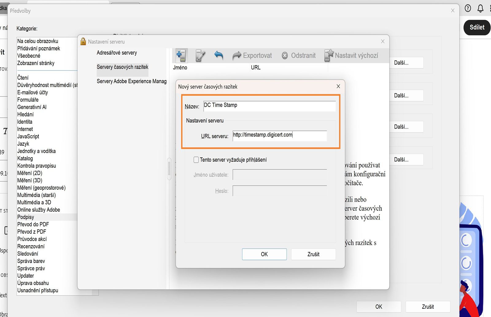 Okno Nastavení serveru v aplikaci Acrobat zobrazuje pole pro zadání názvu a URL adresy serveru časových razítek s možností povolit přihlašovací údaje.