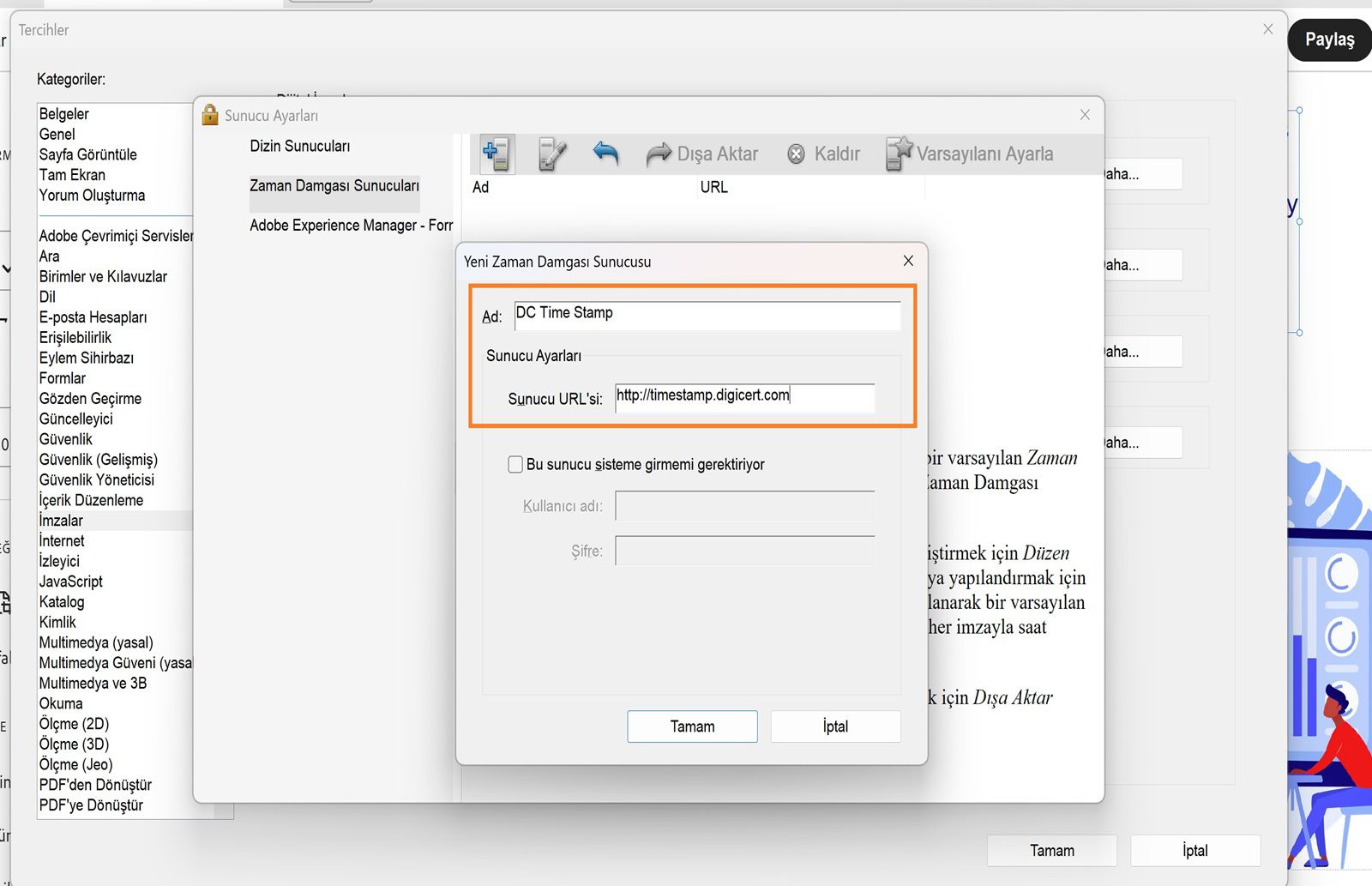 Acrobat'taki Sunucu Ayarları penceresi, bir zaman damgası sunucusunun adını ve URL'sini girmek için alanlar gösterir ve oturum açma kimlik bilgilerini etkinleştirme seçeneği sunar.