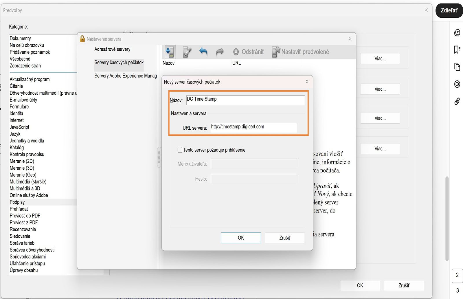 Okno Nastavenia servera v programe Acrobat zobrazuje polia na zadanie názvu a URL adresy servera časových pečiatok s možnosťou povoliť prihlasovacie údaje.