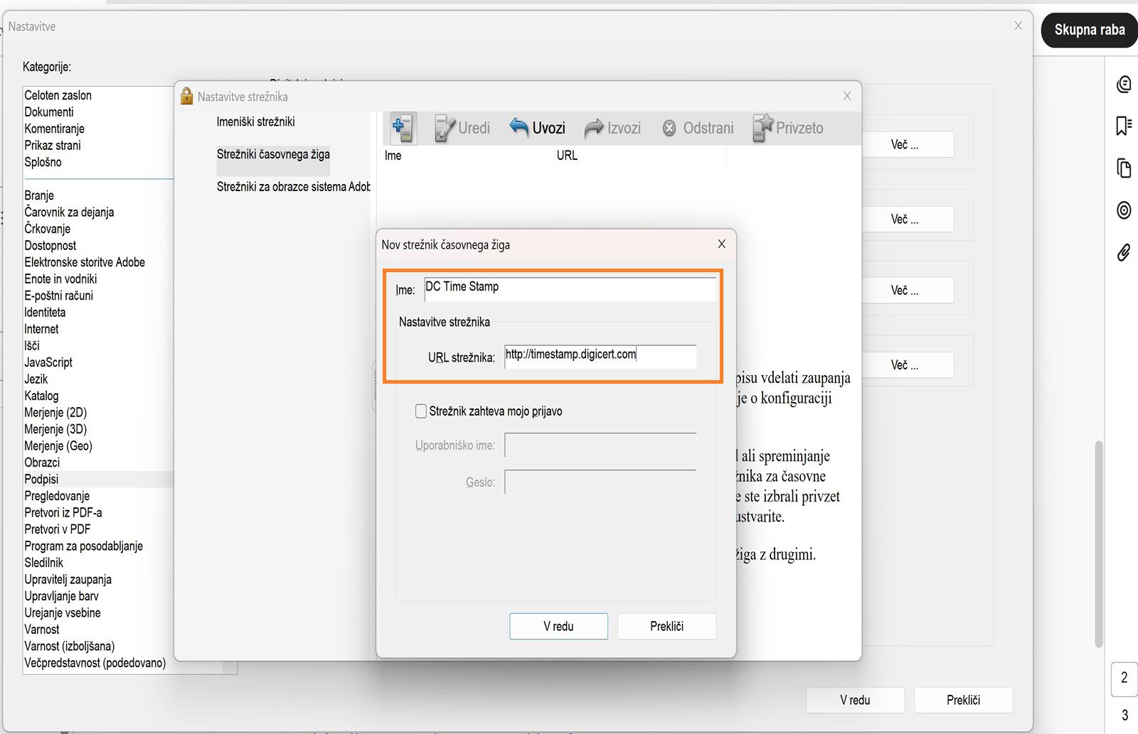 Okno Nastavitve strežnika v programu Acrobat prikazuje polja za vnos imena in URL-ja strežnika za časovne žige z možnostjo omogočanja poverilnic za prijavo.