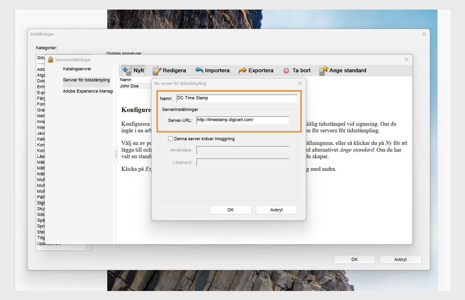 Fönstret Serverinställningar i Acrobat visar fält för att ange en tidsstämpelservers namn och URL, med möjlighet att aktivera inloggningsuppgifter.