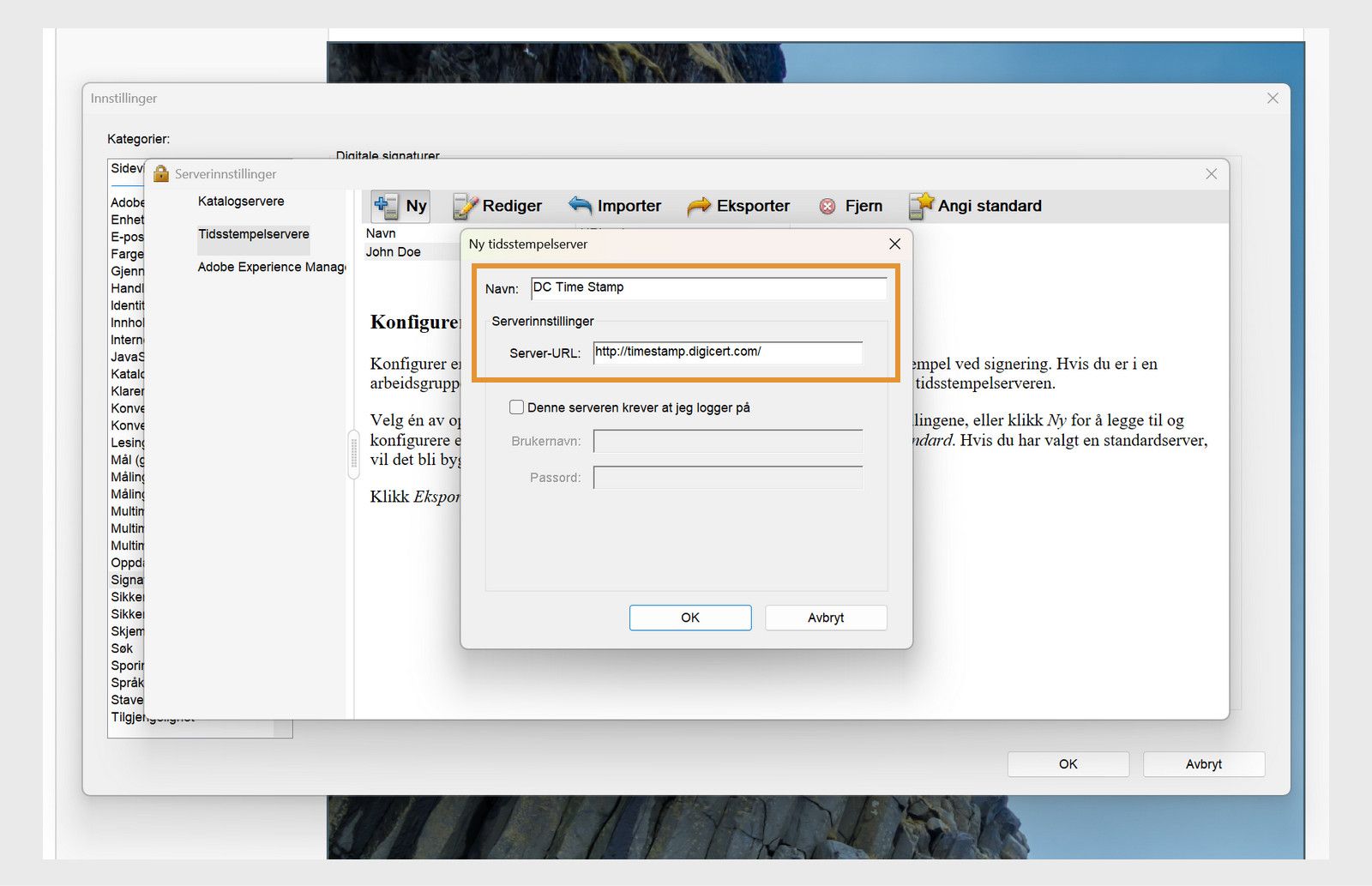 Serverinnstillingsvinduet i Acrobat viser felt for å legge inn en tidsstempelservers navn og nettadresse, med et alternativ for å aktivere påloggingsopplysningene.