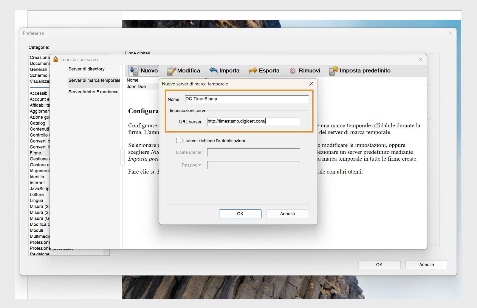 La finestra Impostazioni server in Acrobat mostra i campi per inserire il nome e l’URL di un server di marca temporale, con un’opzione per abilitare le credenziali di accesso.