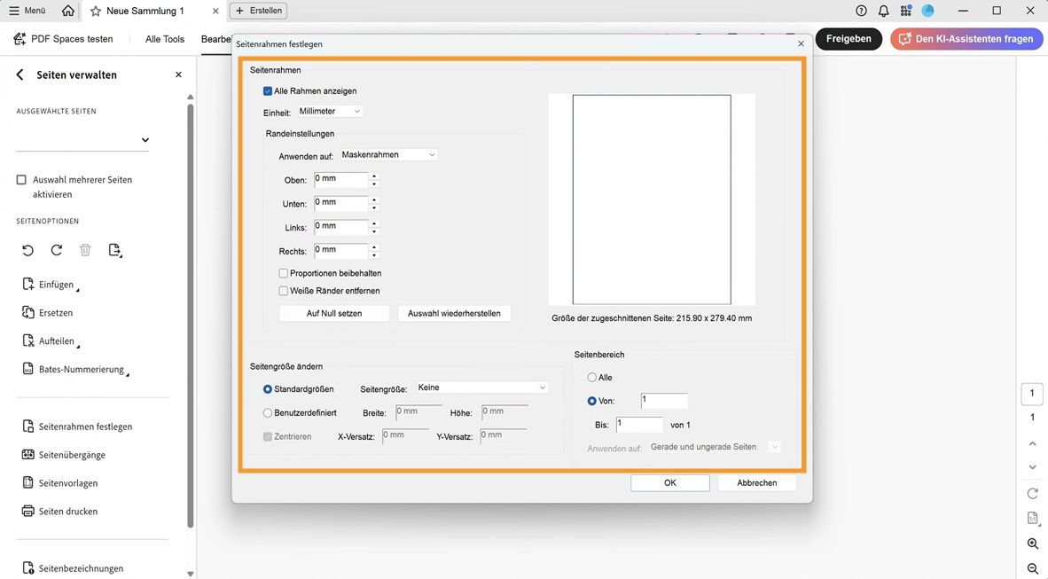 Das Dialogfeld „Seitenrahmen festlegen&quot; zeigt verschiedene Einstellungen zum Zuschneiden von Seiten an, wie Seitenrahmen, Seitengröße ändern und Seitenbereich.