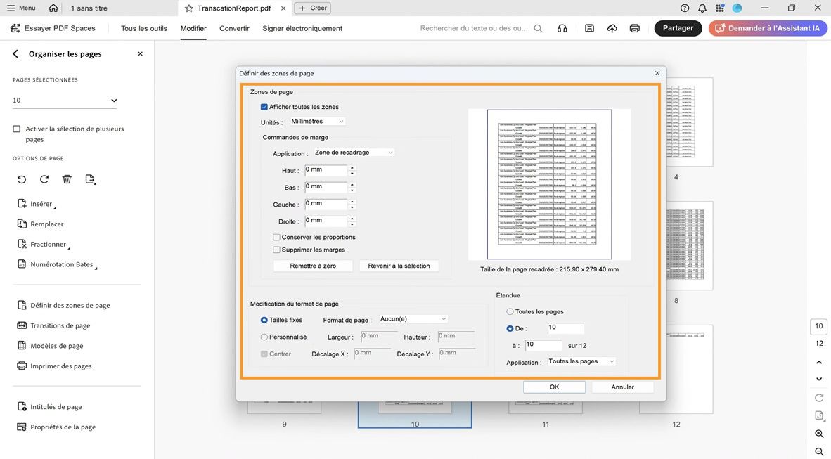 La boîte de dialogue Définir des zones de page affiche divers paramètres de recadrage de page, notamment Zones de page, Modification du format de page et Étendue.
