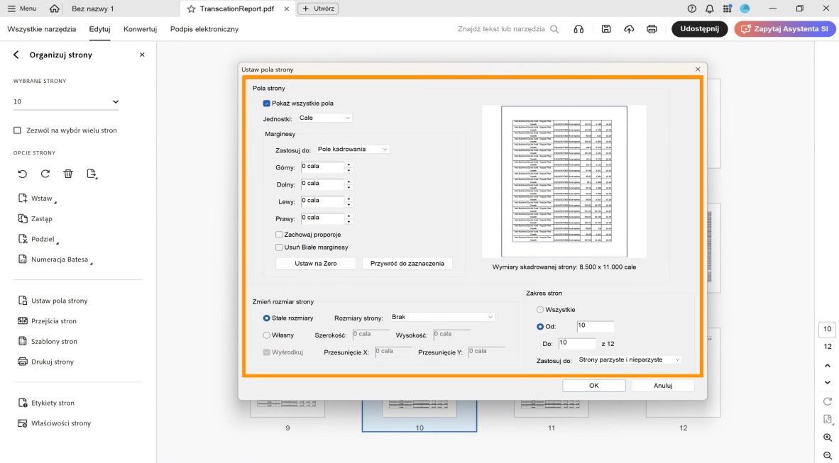 Okno dialogowe Ustaw pola strony wyświetla różne ustawienia kadrowania strony, takie jak Pola strony, Zmień rozmiar strony i Zakres stron.