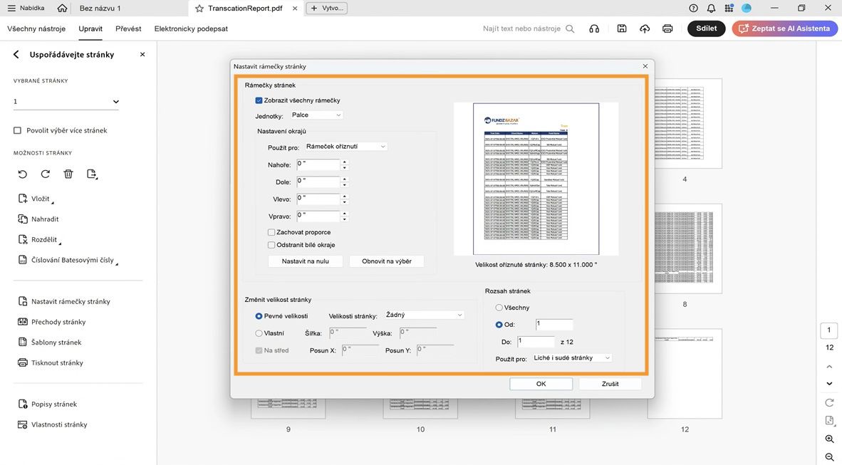 V dialogovém okně Nastavit pole stránky se zobrazí různá nastavení oříznutí stránky, jako jsou Pole stránky, Změnit velikost stránky a Rozsah stránek.