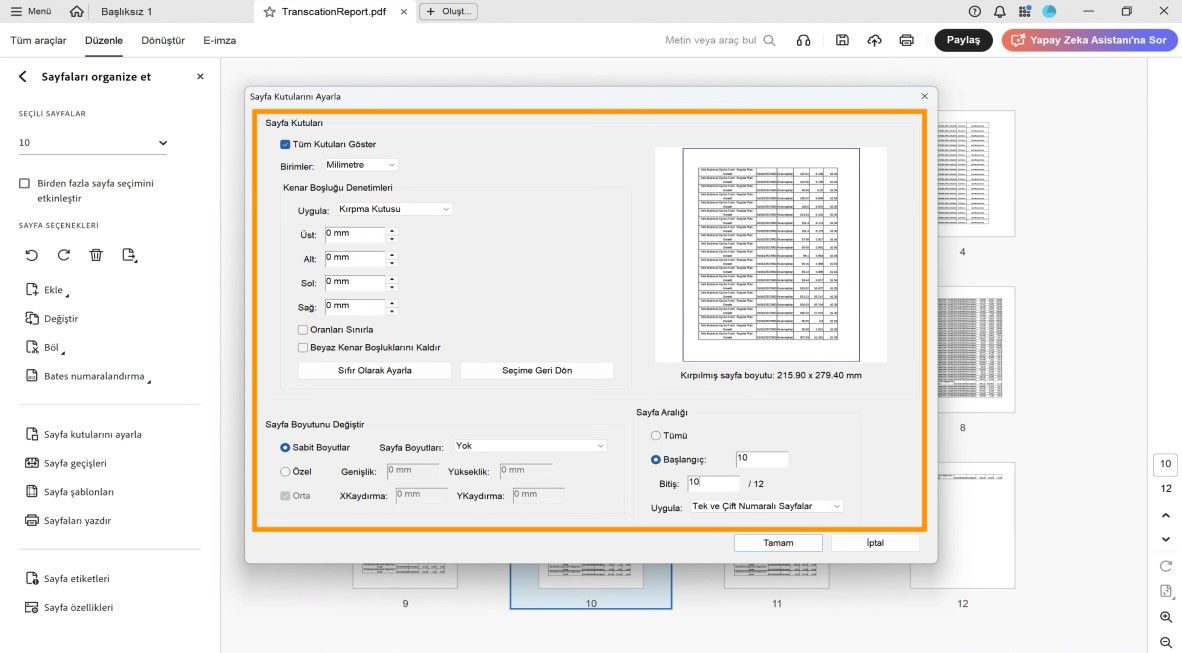 Sayfa Kutularını Ayarla iletişim kutusu, Sayfa Kutuları, Sayfa Boyutunu Değiştir ve Sayfa Aralığı gibi çeşitli sayfa kırpma ayarlarını görüntüler.
