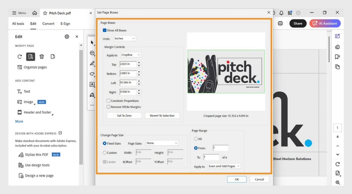 Ipinapakita ng Set Page Boxes dialog ang iba't ibang setting ng pag-crop ng pahina tulad ng Page Boxes, Change Page Size, at Page Range.