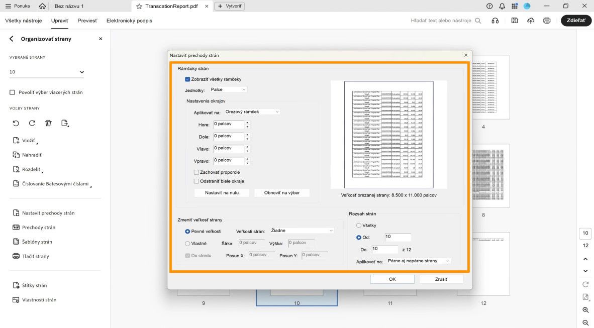 Dialógové okno Nastaviť rámčeky strany zobrazuje rôzne nastavenia orezania strany, ako sú Rámčeky strany, Zmeniť veľkosť strany a Rozsah strán.